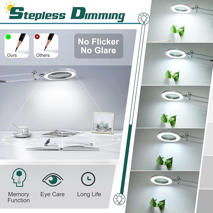 10X Magnifying Glass with Light, Krstlv Real Glass Lens Desk Lamp & Clamp, 3 Color Modes Stepless Dimmable, Hands Free LED Lighted Magnifier with Light and Stand for Reading Crafts Close Works - White