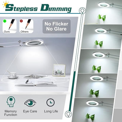 10X Magnifying Glass with Light, Krstlv Real Glass Lens Desk Lamp & Clamp, 3 Color Modes Stepless Dimmable, Hands Free LED Lighted Magnifier with Light and Stand for Reading Crafts Close Works - White