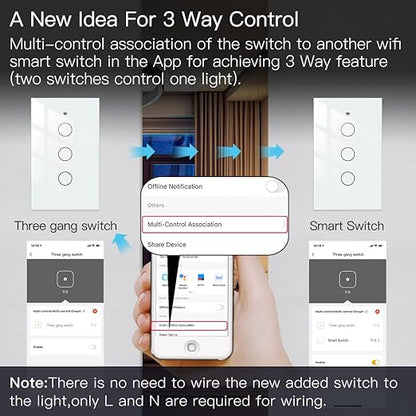 MOES 2.4GHz WiFi Wall Touch Smart Switch Neutral Wire Required, 3 Way Multi-Control, Glass Panel Light Switch Work with Smart Life/Tuya App, RF433 Remote Control, Alexa and Google Home White 3 Gang