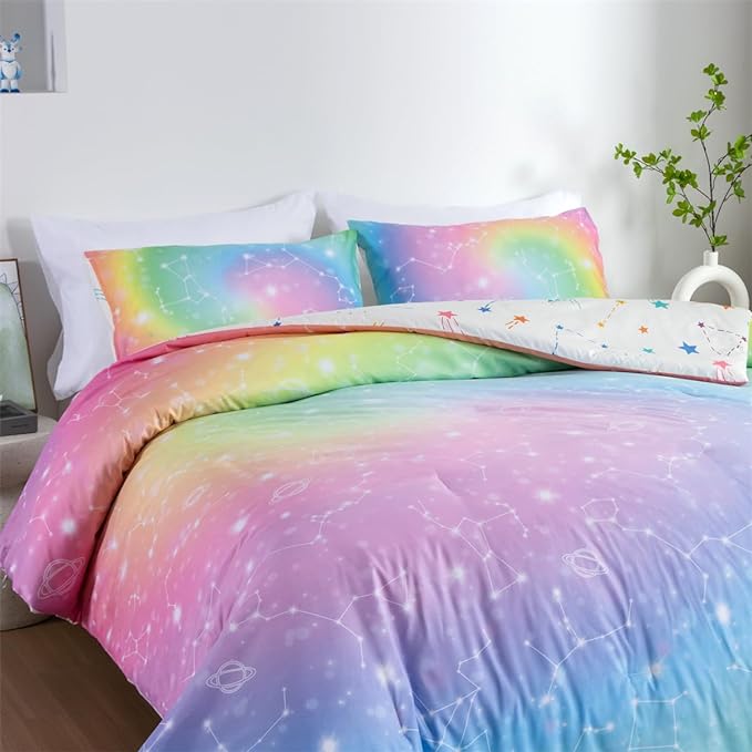 Holawakaka Tie Dye Constellation Print Rainbow Ombre Comforter Set Queen Size Girls Boys Gradient Galaxy Bedding Sets Teens Boho Bed Set(Multi,Queen)