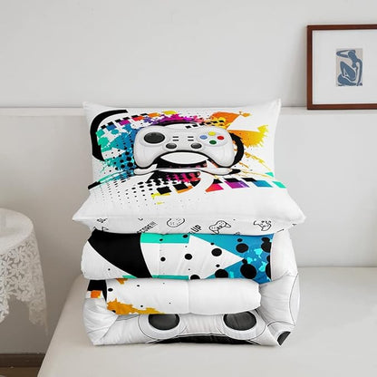 Kids Gaming Comforter Set King Gamer Bedding Set, Modern Console Game Controller Duvet Set for Boys Girls Teens, White Gamepad Quilt Set, Tie Dye Colorful Comforter Set Grey White Soft Bedding Set