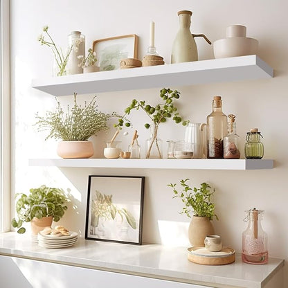 LaVie Home Floating Shelves, 36 Inch Wall Shelf Set of 2, Hanging Shelf with Invisible Brackets, Wall Decor for Bathroom, Bedroom, Living Room, Kitchen Storage, Modern White