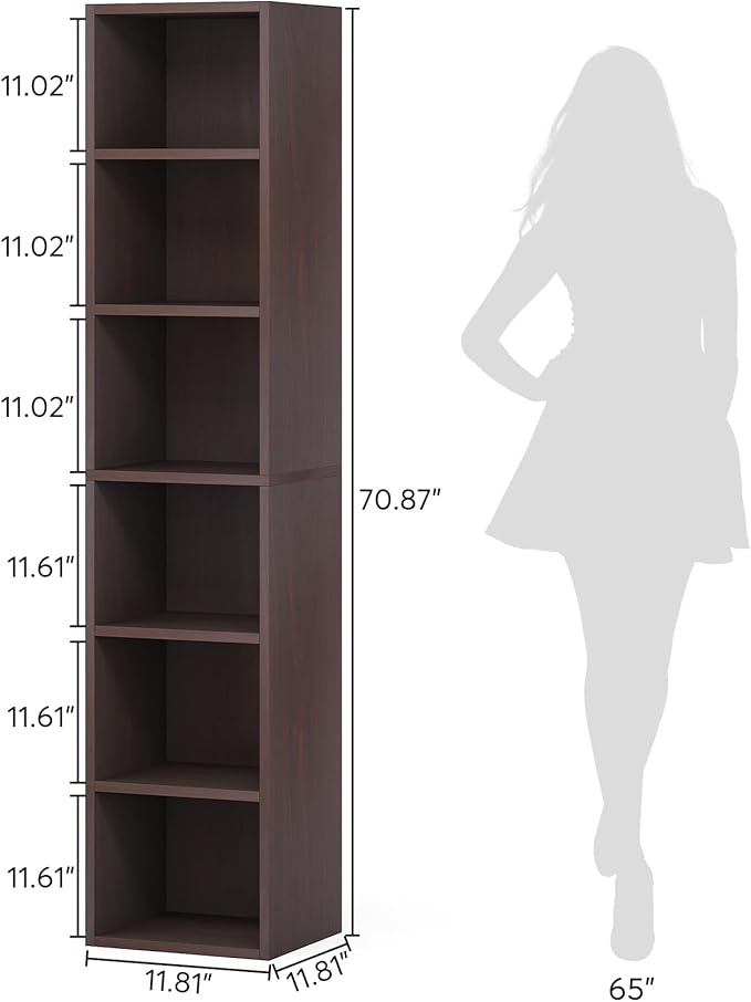 70.9 Inch Tall Narrow Bookcase, Corner Bookshelf 6 Tier Cube Display Shelf Storage Organizer for Small Space, Brown