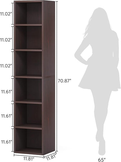 70.9 Inch Tall Narrow Bookcase, Corner Bookshelf 6 Tier Cube Display Shelf Storage Organizer for Small Space, Brown