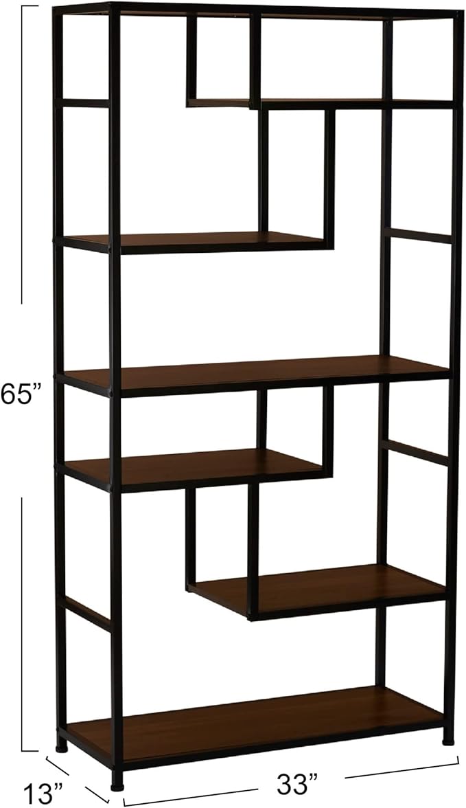 Household Essentials Jamestown Tall 6 Shelf Open Storage Bookshelf Mid Century Walnut Wood Grain and Black Metal