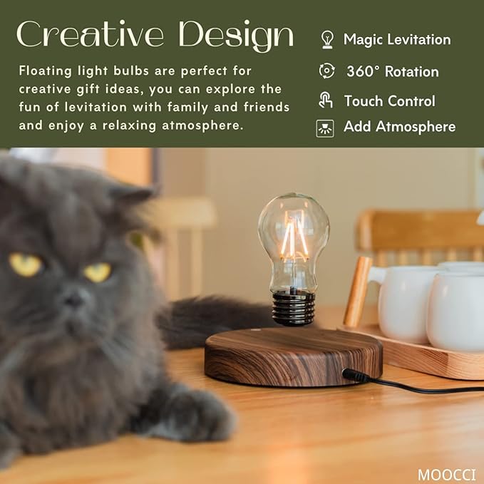 Levitating Bulb Lamp Magnetic Floating Lamp Light Desk Lamp Night Light Table LED for Unique Gifts, Room Decor, Night Light, Home Office Decor Desk Tech Toys (Round-Dark Brown Base)