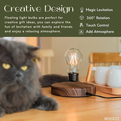Levitating Bulb Lamp Magnetic Floating Lamp Light Desk Lamp Night Light Table LED for Unique Gifts, Room Decor, Night Light, Home Office Decor Desk Tech Toys (Round-Dark Brown Base)