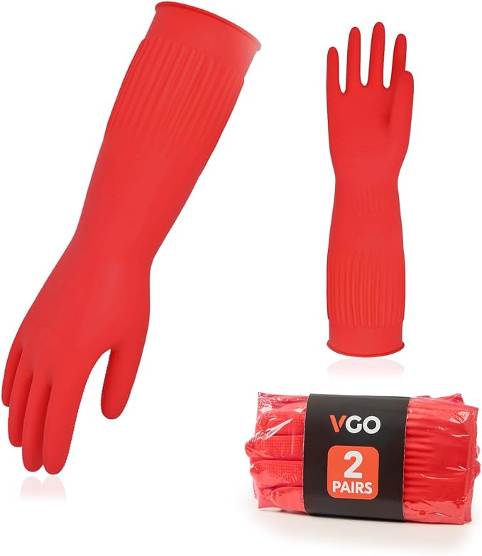 Vgo 2-Pairs Dishwashing Gloves, Reusable Household Gloves, Long Sleeve, Thick Latex, Cleaning, Washing, Painting, Gardening, Pet Care (Size L, Red, RB2143)