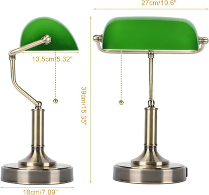 Bankers Lamp, Green Desk Lamp with Pull Chain Switch, Retro Lamp with USB and Type C Charging Ports, Vintage Lamp for Home Office, Piano, Library, LED Bulb Included (Retro)