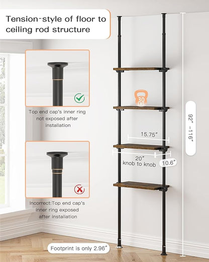 ALLZONE Adjustable Tall Narrow Bookshelf for Bedroom,4-Tier Ladder Bookshelf for Small Spaces,Tension Mount Small Book Shelf and Tall Bookcases, 64 to 113Inch Height Skinny Bookshelf with Open Storage