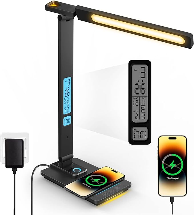 LED Desk Lamp with Wireless Charger, USB Charging Port, Sliding Dimmable Auto Timer Table Lamp with Night Light, Desk Lights with Clock for Study Reading Home Office
