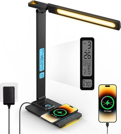 LED Desk Lamp with Wireless Charger, USB Charging Port, Sliding Dimmable Auto Timer Table Lamp with Night Light, Desk Lights with Clock for Study Reading Home Office