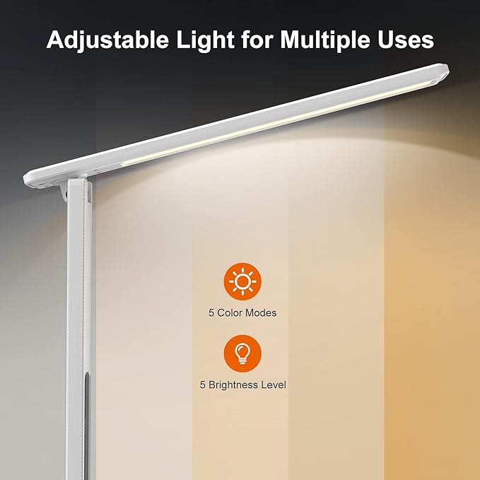poukaran Desk Lamp, LED Desk Lamp with Wireless Charger, USB Charging Port, Table Lamp with Night Light, Desk Lights with Clock, Alarm, Date and Temperature, White