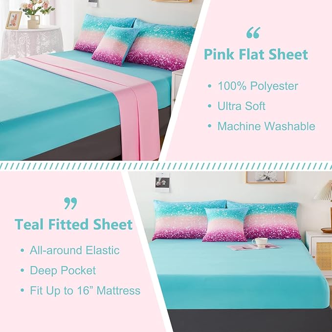 PERFEMET 6 Piece Full Size Comforter Sets for Teens Girls, Tie Dye Rainbow Ombre Bed in A Bag, Gradient Glitter Sparkle Bedroom Decor Bedding Set (Blue Teal Purple, Full)