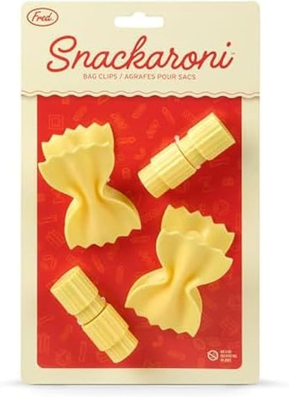 Genuine Fred SNACKARONI Pasta Bag Clips, Set of 4, Two Styles Farfalle and Rigatoni, Squeeze and Lock Bread Bag Clip, Spring-Loaded Clips, Fun Food Storage and Kitchen Accessories
