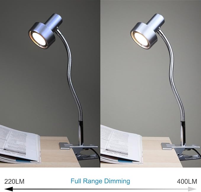 O’Bright LED Clip on Light for Bed Headboard/Desk, Dimmable LED Desk Lamp with Metal Clamp, 5W LED, Flexible Gooseneck, Adjustable Brightness for Eye-Care Reading, Vintage Design (Aluminum)
