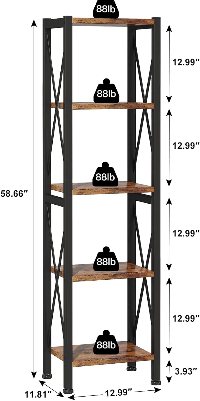 5-Tier Narrow Bookshelf, Ladder Bookshelf, Tall Bookshelf for Bedroom with Open Shelves, Office Bookshelf, Industrial Standing Bookshelf for Bedroom, Living Room and Home Office