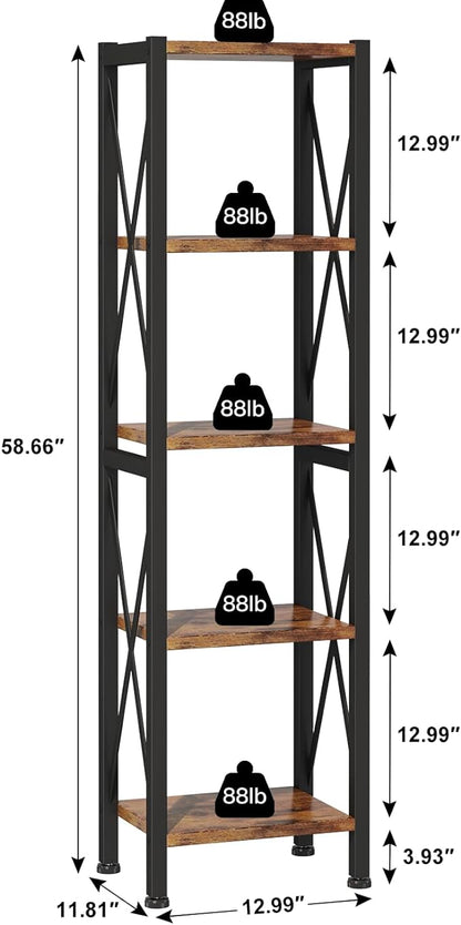 5-Tier Narrow Bookshelf, Ladder Bookshelf, Tall Bookshelf for Bedroom with Open Shelves, Office Bookshelf, Industrial Standing Bookshelf for Bedroom, Living Room and Home Office