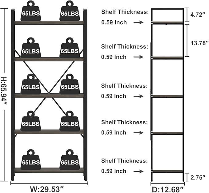 FATORRI 5 Tier Industrial Bookshelf, Rustic Etagere Bookcase for Display, Vintage Shelving Unit Wood and Metal Tall Book Shelves for Home Office (Walnut Brown)
