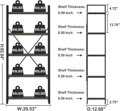 FATORRI 5 Tier Industrial Bookshelf, Rustic Etagere Bookcase for Display, Vintage Shelving Unit Wood and Metal Tall Book Shelves for Home Office (Walnut Brown)