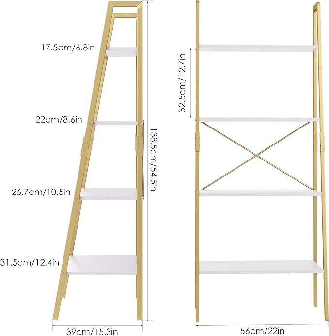 finetones Bookshelf 4 Tier, Wood Bookcase with Metal Frame, Open Display Storage Ladder Shelf, Plant Flower Stand Storage Rack for Home Office White/Gold