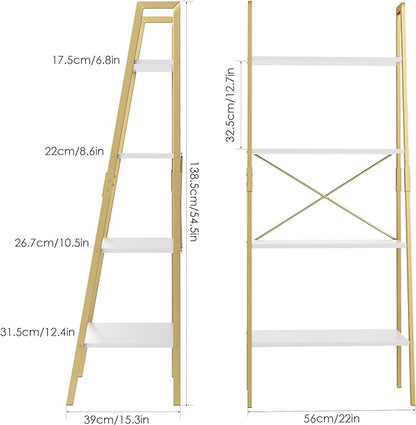 finetones Bookshelf 4 Tier, Wood Bookcase with Metal Frame, Open Display Storage Ladder Shelf, Plant Flower Stand Storage Rack for Home Office White/Gold