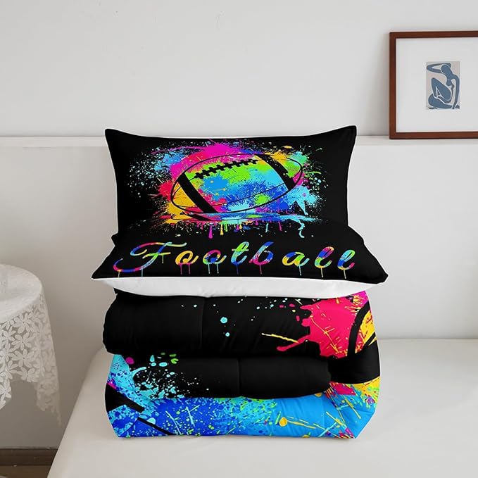Kids Football Comforter Set Full Size Rugby Sports Game Bedding Set for Boys Girls Teens Bedroom Decor Tie Dye Comforter Women Men Soccer Player Duvet Set with 2 Pillow Case