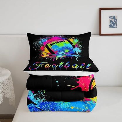 Kids Football Comforter Set Full Size Rugby Sports Game Bedding Set for Boys Girls Teens Bedroom Decor Tie Dye Comforter Women Men Soccer Player Duvet Set with 2 Pillow Case