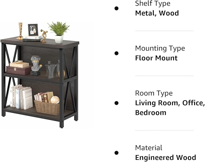 FATORRI Rustic Short 2 Shelf Bookshelf, Industrial Low Wood Bookcase, Farmhouse Small Book Case for Small Space (Walnut Brown)