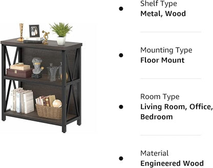 FATORRI Rustic Short 2 Shelf Bookshelf, Industrial Low Wood Bookcase, Farmhouse Small Book Case for Small Space (Walnut Brown)