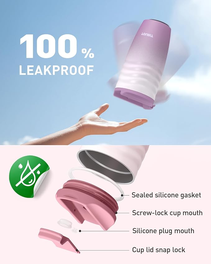 TOURIT 16 oz Travel Coffee Mug, Vacuum Insulated Stainless Steel Tumbler with Ripple-Wave Anti-Slip Grip, Built-in Silicone Bottom for Quiet & Stable, Leak-Proof Lid, Fits Car Cup Holder, Lilac