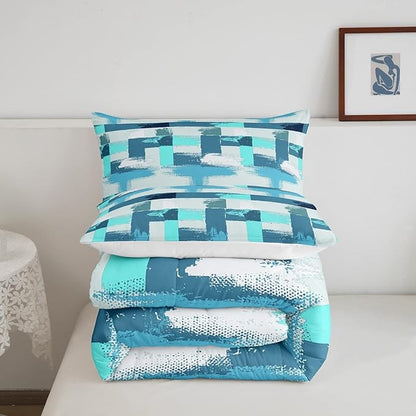 Teal Comforter Set Full Size Turquoise Comforter Blue Grey Grunge Ombre Bedding Set for Kids Boys Girls Adults Bedroom Decor Watercolor Abstract Contemporary Quilt Duvet Insert with 2 Pillowcases