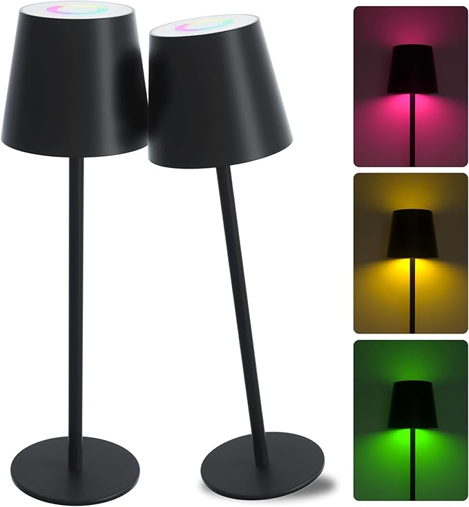 ORALUCE RGB Cordless Table Lamp Rechargeable, LED Battery Operated Desk Lamp with Type-C Charging Port, Multiple Colour Stepless Dimming Touch Lamp for Outdoor Party/Coffee Shop/Camping/Bars, 2 Pack