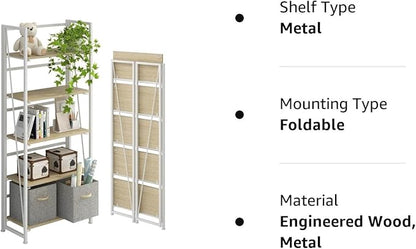 4NM No-Assembly Folding Bookshelf Storage Shelves 5 Tiers Vintage Bookcase Standing Racks Study Organizer Home Office (Natural and White)