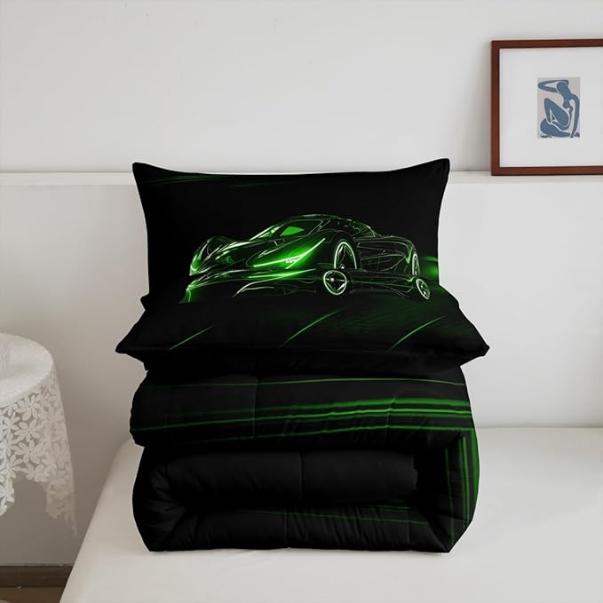 Feelyou Green Race Car Bedding Set King Size for Kids Boys Extreme Sport Games Comforter Set Teens Toddler Fast and Furious Duvet Set Cool Modern Quilt Set 3Pcs