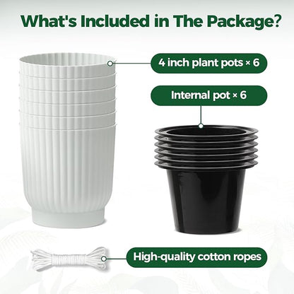 T4U 4 Inch Plant Pots Self Watering, 6 Pack African Violet Pots, Small Plant Pots for Plants, Small Indoor Plant Pot, Self Watering Planter for African Violet, Succulents (6 Pack, 4", White)