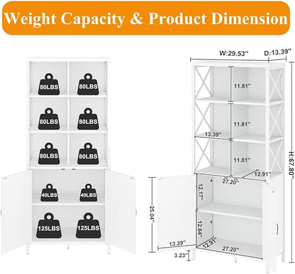 FATORRI Bookshelf with Doors, Modern Tall Bookshelf with Cabinet, Wood Book Shelf and Farmhouse Organizer Storage BookCase for Living Room (White Oak)