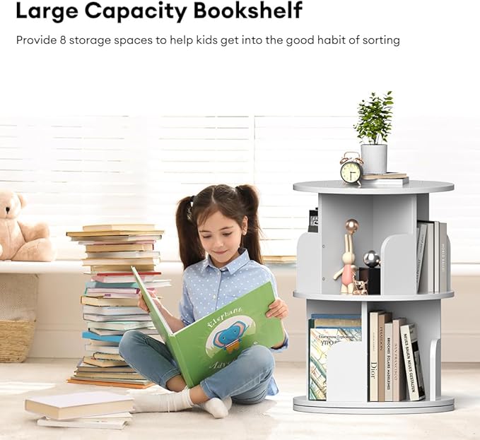 Nidouillet Small Rotating Bookshelf, 2Tier Revolving Bookcase 360 Display Round Bookshelf Narrow Swivel Corner Book Shelf Standing Bookcase for Adult Bedroom, Living Room