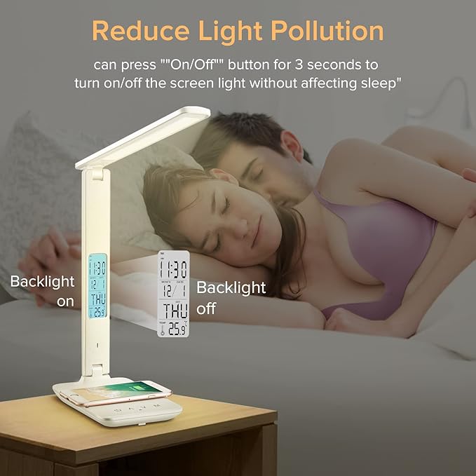 LAOPAO LED Desk Lamp with Wireless Charger, USB Charging Port, Adjustable Foldable Table Lamp with Clock, Alarm, Date, Temperature, 5-Level Dimmable Lighting, Office Lamp with Adapter, White
