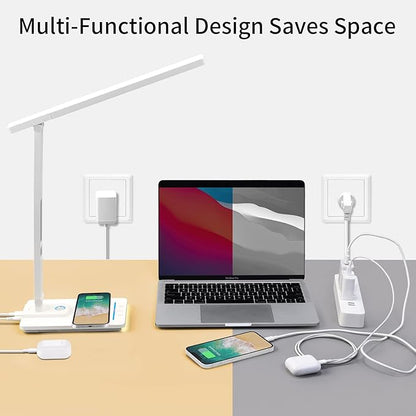 LAOPAO LED Desk Lamp with Wireless Charger, USB Charging Port, Sliding Dimmable Auto Timer Table Lamp with Night Light, Desk Lights with Clock for Study Reading Home Office