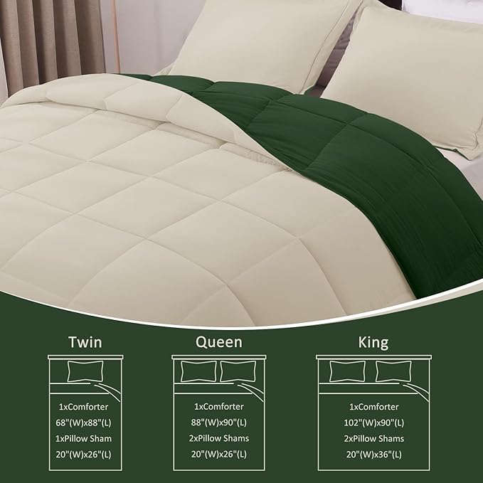Basic Beyond Queen Comforter Set - Fluffy Comforter Queen Set for All Seasons - Reversible Forest Green Queen Comforter Set for Mens - 3 Pieces (1 Comforter + 2 Pillow Shams) - Forest Green/Ivory