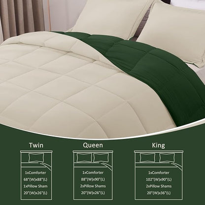 Basic Beyond Twin Comforter Set for Girls and Boys - Fluffy Twin Bed Comforter Set for All Seasons - Reversible Forest Green Comforter Set - 2 Pieces (1 Comforter + 1 Pillow Sham) - Forest Green/Ivory