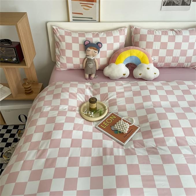 Wellboo Pink White Plaid Comforter Sets Twin Women Men Bean Pink and White Checkerboard Grid Bedding Comforters Cotton Boys Girls Modern Dusty Pink Checkered Geometric Quilts Luxury Abstract Bed