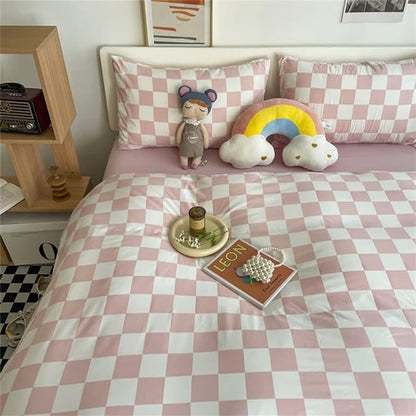 Wellboo Pink White Plaid Comforter Sets Twin Women Men Bean Pink and White Checkerboard Grid Bedding Comforters Cotton Boys Girls Modern Dusty Pink Checkered Geometric Quilts Luxury Abstract Bed