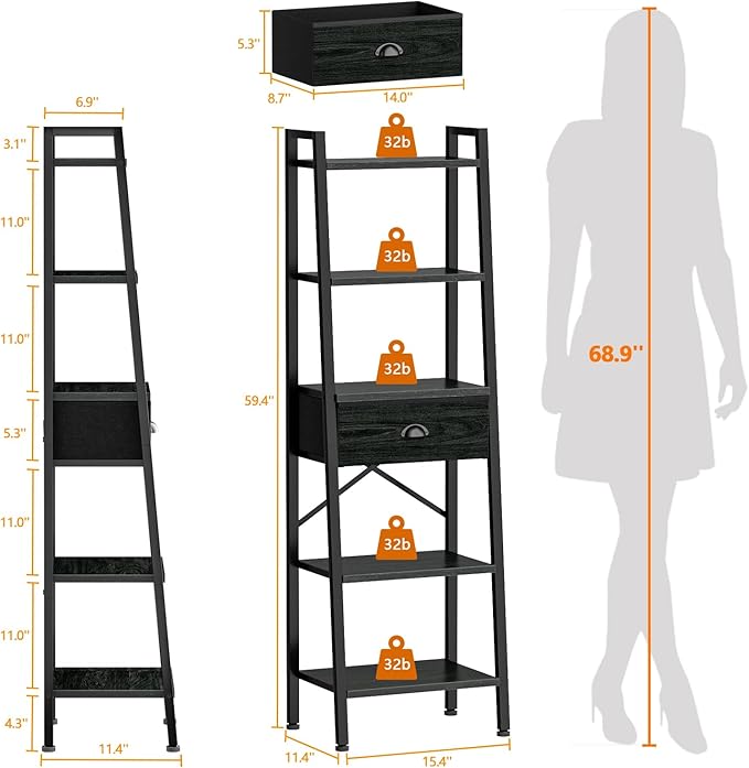 Furologee 5 Tier BookShelf, Ladder Shelf with Drawer, Tall Bookcase Corner Shelf, Narrow Shelf Industrial Display Standing Units for Home Office, Living Room, Bedroom, Kitchen, Black Oak