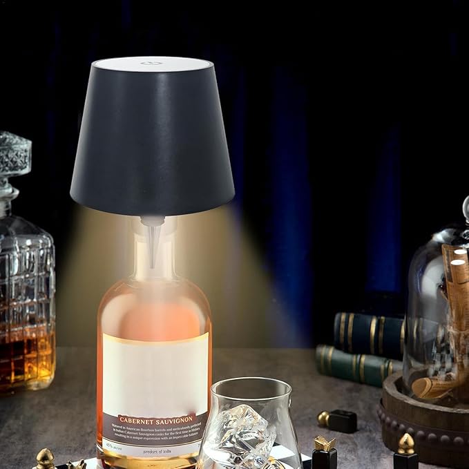 Wireless Wine Bottle Light Head, Portable LED Wireless Bottle Lamp with 3 Modes Light Dimming Pridola, Rechargeable Touch Control Wine Bottle for Any Bottle (Black)