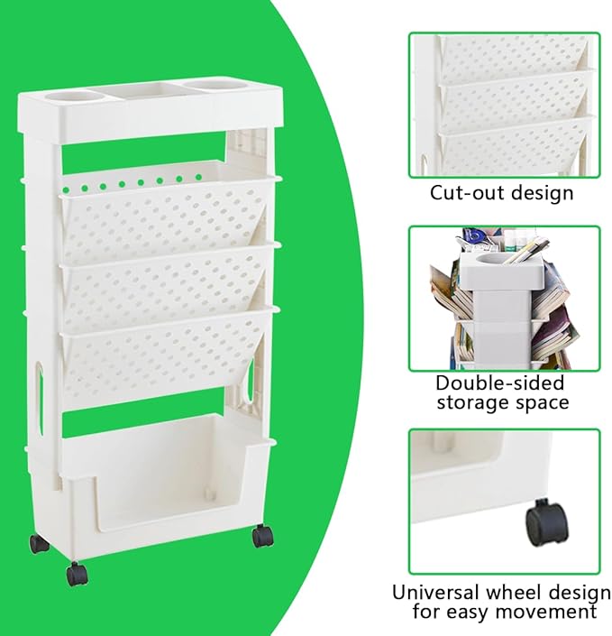 5 Tier Book Rack Storage Bookshelf,Rolling Small Bookshelf for Small Spaces with Double Sided Storage,Kids Bookshelf for Childrens Students in The Classroom Bedroom Library Study