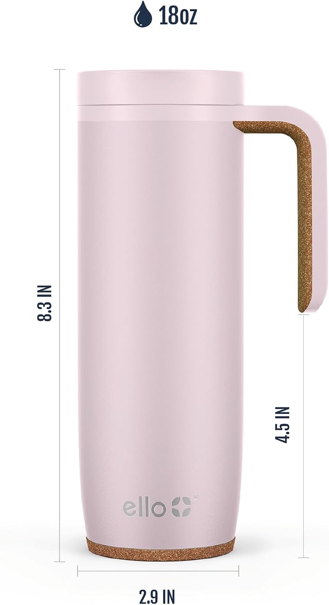 Ello Magnet 18oz Vacuum Insulated Stainless Steel Travel Mug with Side Handle and Leak-Proof Slider Lid and Built-in Coaster, Keeps Hot for 5 Hours, Perfect for Coffee or Tea, BPA-Free