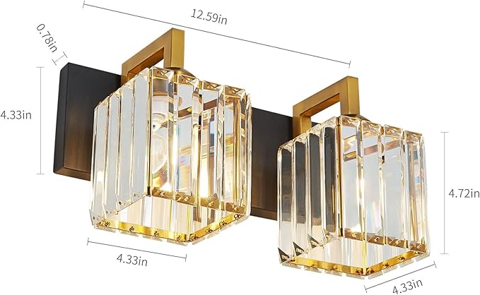 Modern Bathroom Vanity Light 2-Lights Black Gold Crystal Wall Lamp Bathroom Modern Crystal Vanity Lighting
