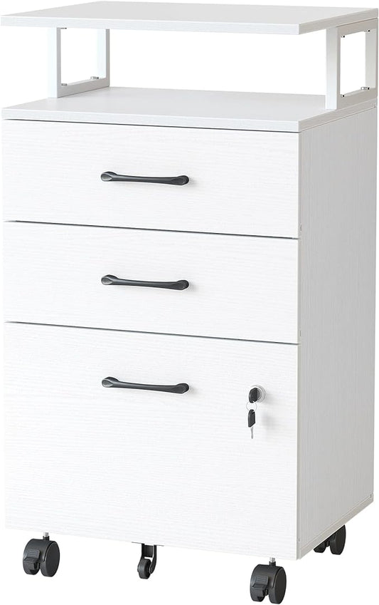 FEZIBO File Cabinet with Lock for Home Office, 3-Drawer Rolling Filing Cabinet, Home Office File Cabinet for A4/Letter/Legal Size, Printer Stand, Wooden Storage Cabinet, White